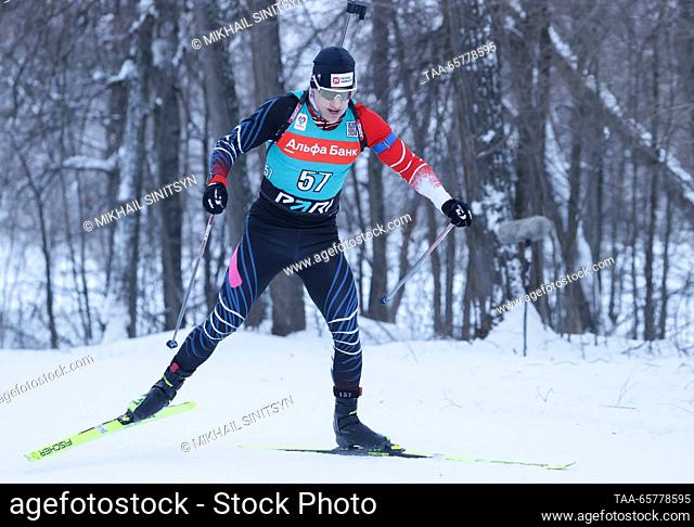 RUSSIA, UFA - DECEMBER 15, 2023: Russia's Eduard Latypov competes to win the men's sprint in Stage 2 of the 2023/2024 Commonwealth Biathlon Cup at Biatlon...