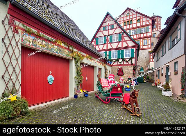 Romschlössle, half-timbered house, cultural center, Advent, Christmas decoration, house facade, old town, Creglingen, Main-Tauber Kreis, Baden-Württemberg