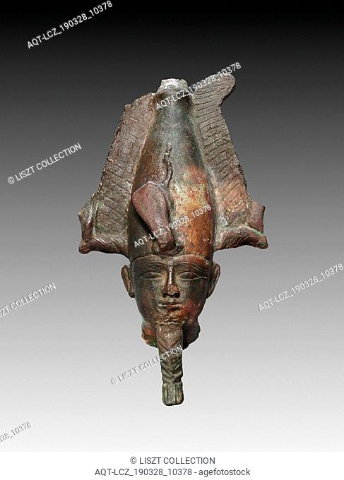 Head of Osiris and Statuette, 664-525 BC. Egypt, Late Period, Dynasty 26 or later. Bronze; overall: 20.1 x 9.2 x 13.2 cm (7 15/16 x 3 5/8 x 5 3/16 in