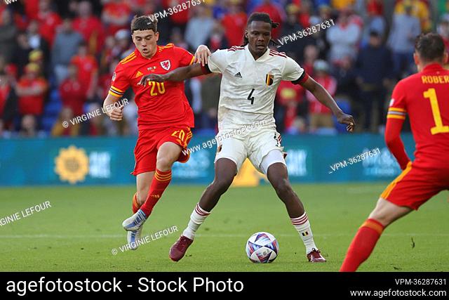 Welsh Daniel James and Belgium's Dedryck Boyata fight for the ball during a soccer game between Wales and Belgian national team the Red Devils