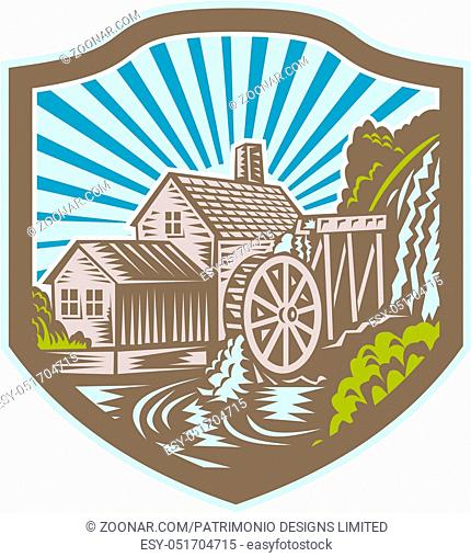 Illustration of a house with watermill falls river set inside shield with sunburst in the background done in retro woodcut style