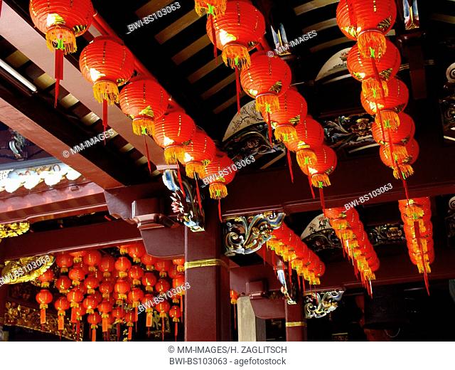 red Chinese lanterns in a Chines temple, Singapore