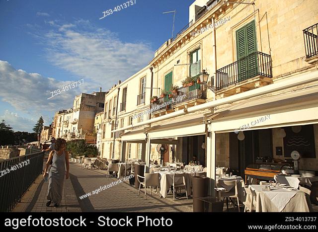 View of the Venezian-style waterfront houses with balconies in Ortygia Island, Syracuse, Sicily, Italy, Europe