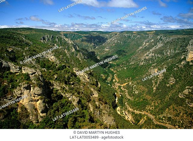 There is a panoramic view from the Roc Des Hourtous over the Tarn gorge and river valley in the Cevennes and the Lozere region