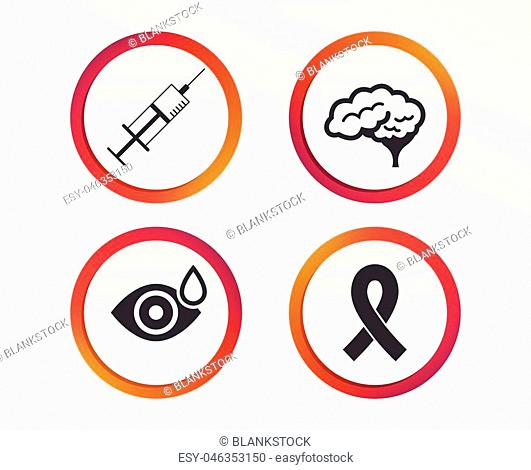 Medicine icons. Syringe, eye with drop, brain and ribbon signs. Breast cancer awareness symbol. Human smart mind. Infographic design buttons