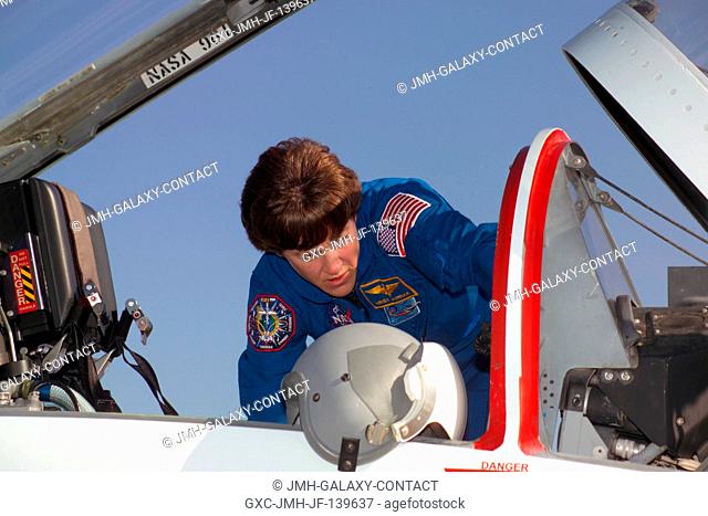 Astronaut Wendy B. Lawrence, STS-114 mission specialist, goes through a pre-flight check of the systems of a NASA T-38 trainer jet prior to a flight to Kennedy...
