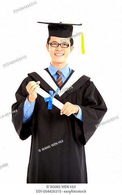 happy graduating asian student isolated on white