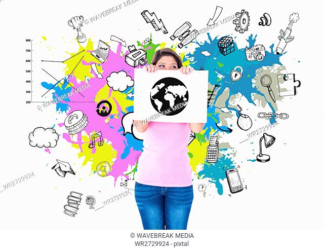 Woman holding a placard with globe drawing against graphic interface background