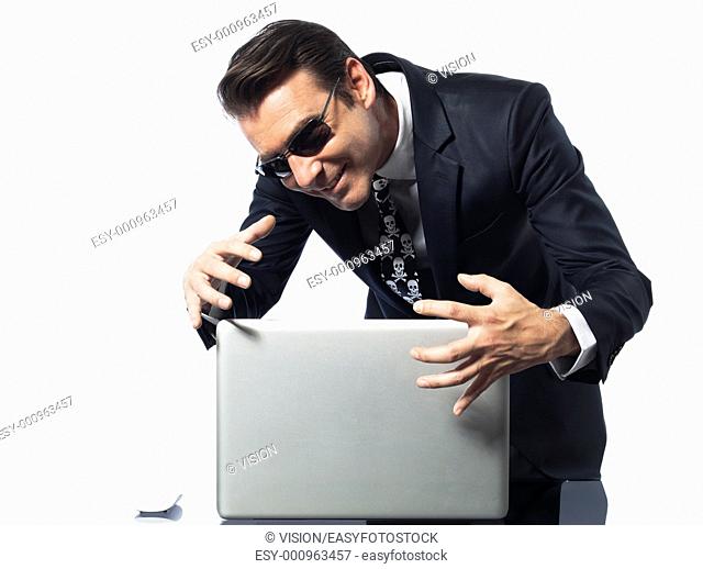 man computer pirate caucasian in studio isolated on white background