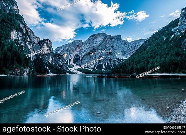Panoramic view of Lake Braies in the Dolomites, Italy