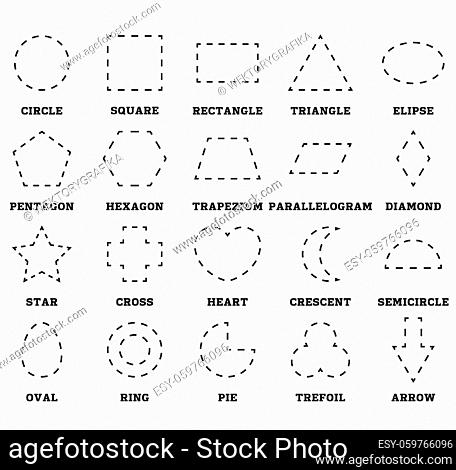 Learn shapes and geometric figures. Preschool or kindergarten worksheet for practicing motor skills. Tracing dashed lines. Vector illustration