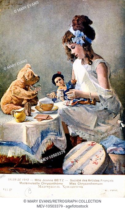 A young girl named Miss Chrysanthemum with her doll and teddy bear at a tea table