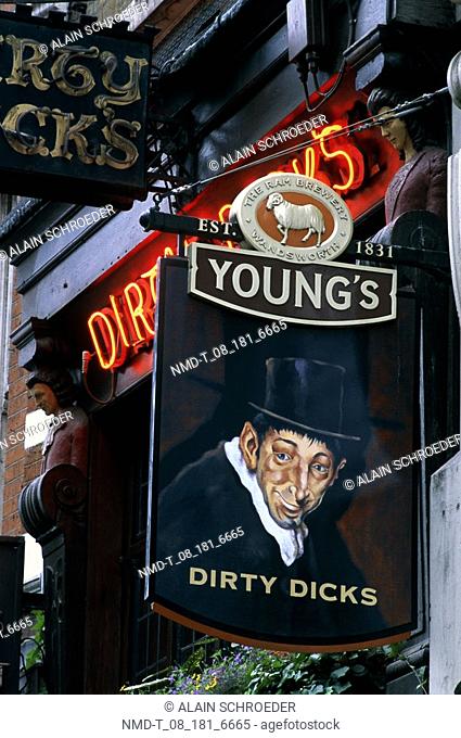 Low angle view of an information board, Dirty Dick's, Bishopsgate, London, England
