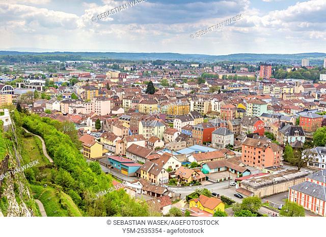 Overview of old town and Saint Christoph cathedral, viewed from citadel Belfort city, Franche-Comté, France, Europe