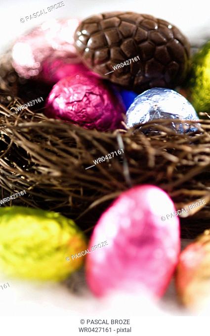 Close-up of Easter eggs in a birds nest