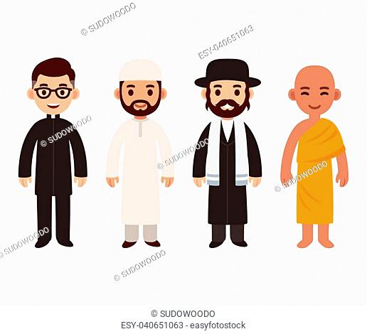 Set of cute cartoon priests of different world religions. Buddhist monk, Christian (catholic) pastor, Jewish rabbi and Muslim imam