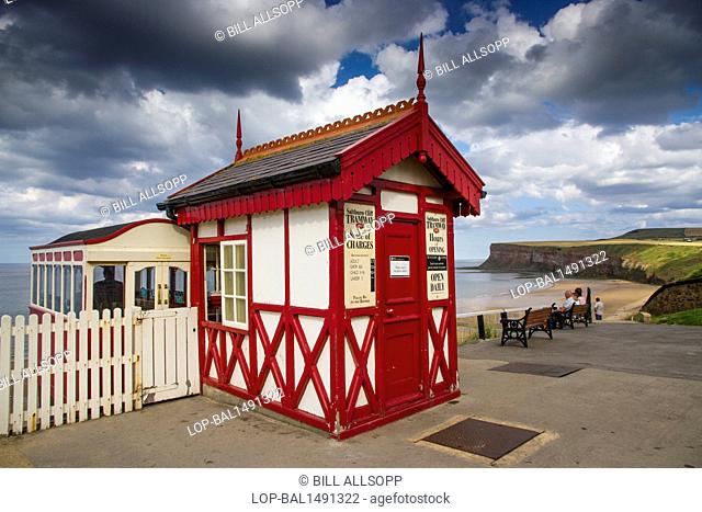 England, North Yorkshire, Saltburn by the Sea. Saltburn Cliff Tramway with Huntcliff in the background