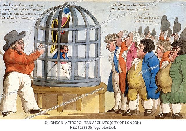 'The Corsican Bajazet in London', 1803; A sailor displays Napoleon Bonaparte I in a parrot cage. Six Londoners inspect Napoleon and make inane comments
