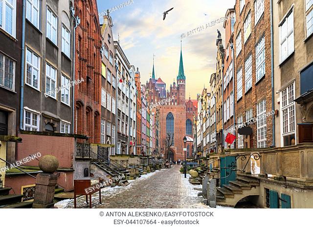 Famous street of Gdansk, Mariacka street, view on St Mary's Church, Poland