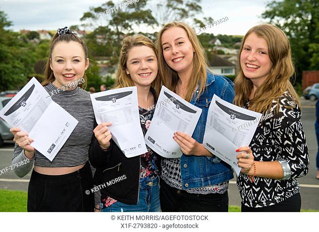 Aberystwyth Wales ~UK, Thursday 20 August 2015. . Year 11 teenage students Emily Walsh, Lorna Harper, Megan Evans and Robin Harris at Penglais School in...