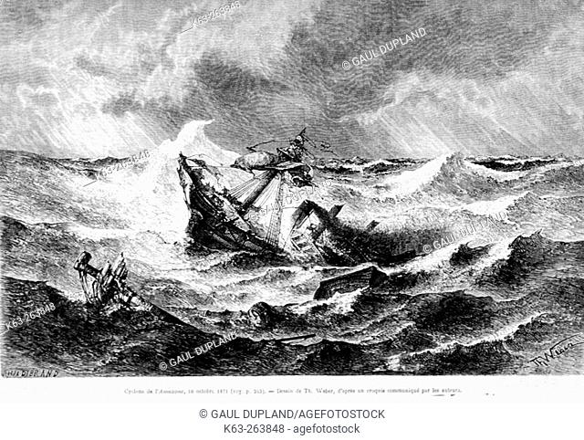 The 'Amazon' lashed by a cyclone. October 10, 1871, drawing by Th. Weber. Engraving from 'Le tour du monde'