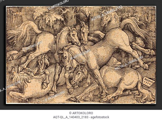 Hans Baldung Grien (German, 1484-1485 - 1545), Group of Seven Horses in Woods, 1534, woodcut
