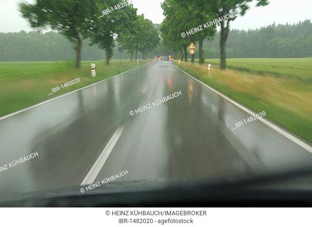 View from a moving car onto a country road, Upper Bavaria, Bavaria, Germany, Europe