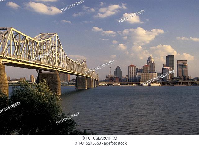Louisville, skyline, steel bridge, KY, Kentucky, Ohio River, Skyline of downtown Louisville and the G.R. Clark Memorial Bridge crossing the Ohio River