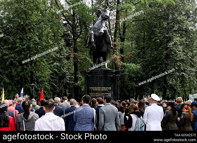 RUSSIA, MOSCOW - JULY 19, 2023: An equestrian monument unveiled to mark the 240th birth anniversary of Simon Bolivar (1783-1830)