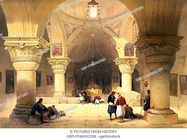 Palestine / Israel: Crypt of the Holy Sepulchre, Jerusalem, painted by David Roberts c.1840