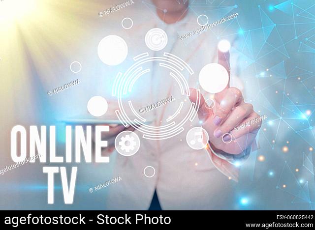 Conceptual display Online Tv, Business overview a television production broadcast in realtime as events happen Business Woman Touching Futuristic Virtual...