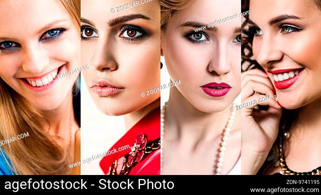 Beautiful collage of young stylish women with beautiful make-up. Closeup beauty faces