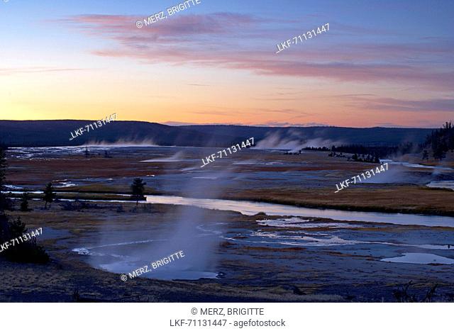 Evening at Midway Geyser Basin and Firehole River , Yellowstone National Park , Wyoming , U.S.A. , America