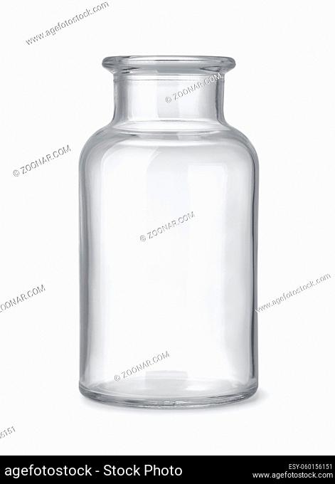 Front view of open empty glass wide neck medicine bottle isolated on white