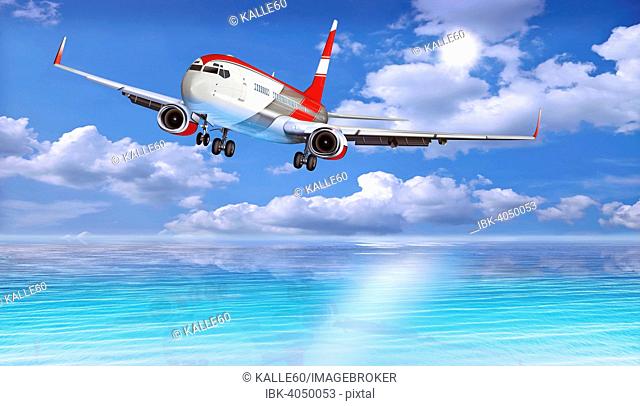 Passenger aircraft Boeing 737 on final approach over the sea, illustration