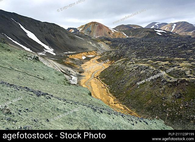 Green copper exposed in the Graenagil canyon at Landmannalaugar in the Fjallabak Nature Reserve, Sudurland in the Highlands of Iceland