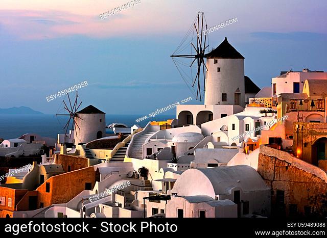 Windmills of Oia Village at Sunset, Santorini, Greece