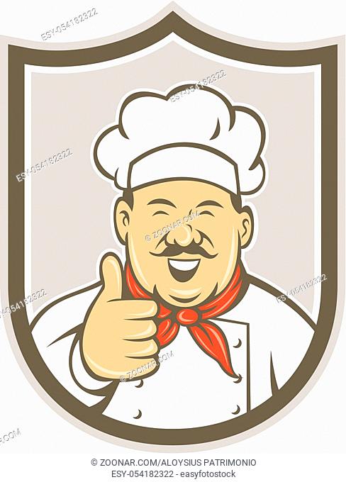 Illustration of a chef cook looking happy smiling with thumbs up set inside shield crest on isolated background done in retro style