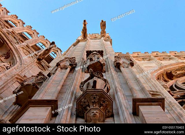 Milan - christmas 2019: particular of the facade and the gargoyles of the Cathedral of Milan.hires