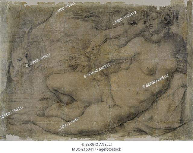 Venus and Cupid (Venere e Amore), by Michelangelo Buonarroti (attributed), c. 1535, 16th Century, charcoal on paper, 13, 1 x 18, 4 cm
