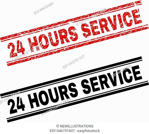 24 HOURS SERVICE stamp seal print with red corroded and clean black version. Red vector rubber print of 24 HOURS SERVICE tag with corroded effect