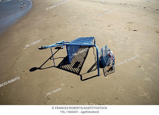 An abandoned shopping cart buried on the beach of Coney Island creek in Brooklyn in New York