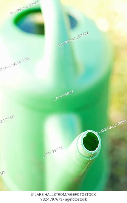 Gardening equipment, green plastic watering can in a garden at summertime