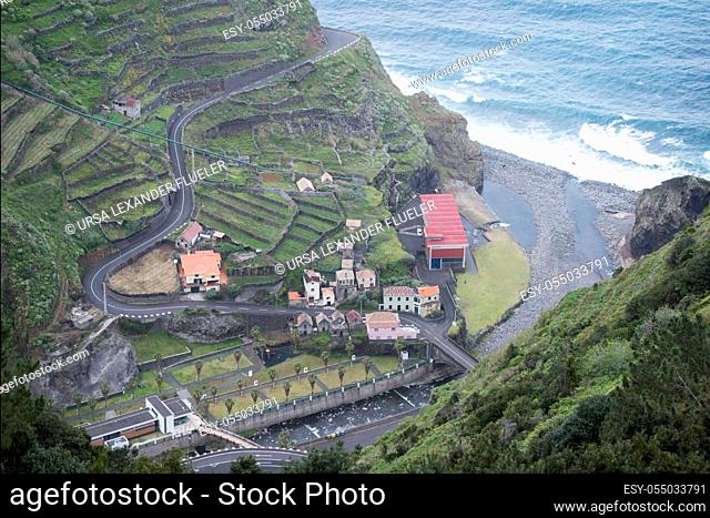 the village Ribeira da Janela at the North coast on the Island of Madeira in the Atlantic Ocean of Portugal. Madeira, Porto Moniz, April, 2018