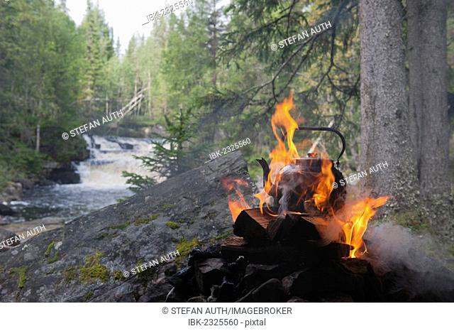 Water is boiled in the wilderness, coffee kettle on an open fire, flames and smoke, Fulvan river, Tjaernvallen near the Fulufjaellets National Park, near Saerna