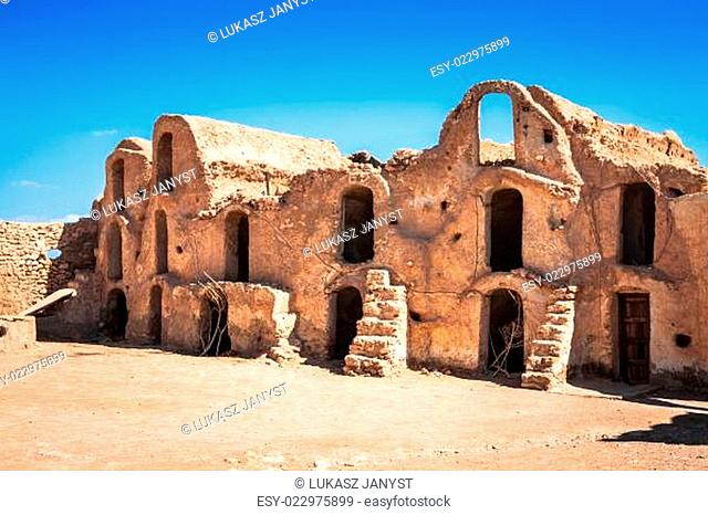 Tunisia. Medenine. Fragment of old Ksar located inside village. There were formerly fortified granaries (Ghorfas)
