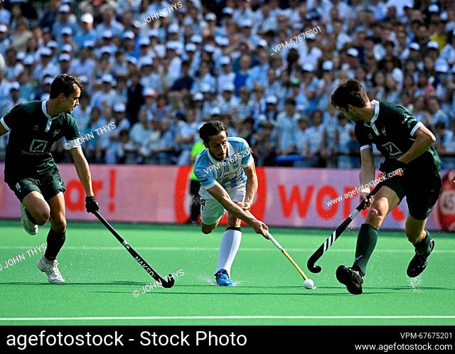 Gantoise's Charles Masson fights for the ball during a hockey game between Waterloo Ducks and La Gantoise, Sunday 21 May 2023 in Brasschaat