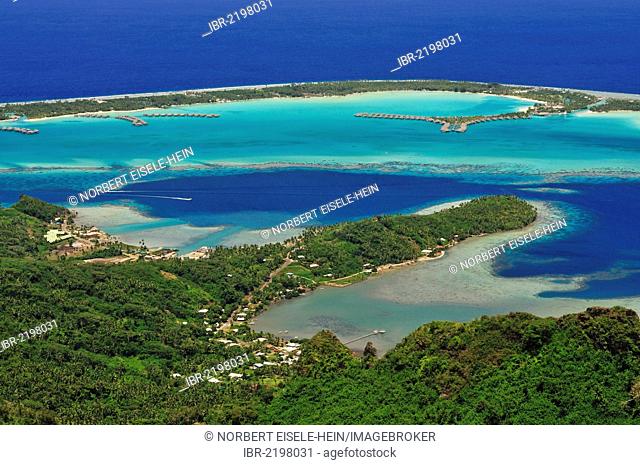 View of the reef, atoll, St. Regis and the Four Seasons Hotel, Bora Bora, Leeward Islands, Society Islands, French Polynesia, Pacific Ocean