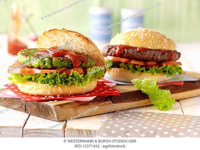 Burger with zucchini pastry and classic hamburger