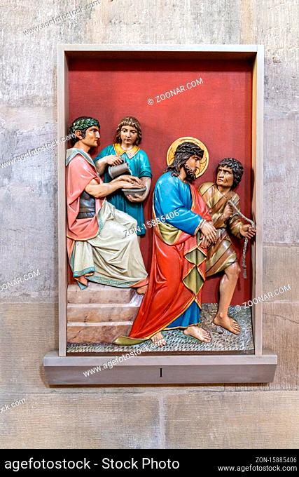 Esslingen, BW / Germany - 22 July 2020: view of a biblical painting inside the nave of St. Paul Minster in Esslingen
